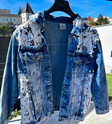 Jeansjacke blau weiß spitze - blau/weiß,